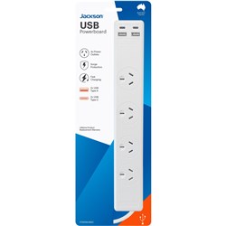 Jackson Surge Protected Board w/ 4 x Power Socket. 2 x USB-C. 2 X USB-A Outlets