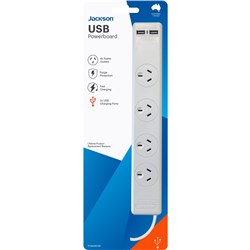 Jackson Surge Protected Board w/ 4 x Power Socket. 2 x USB-A Outlets